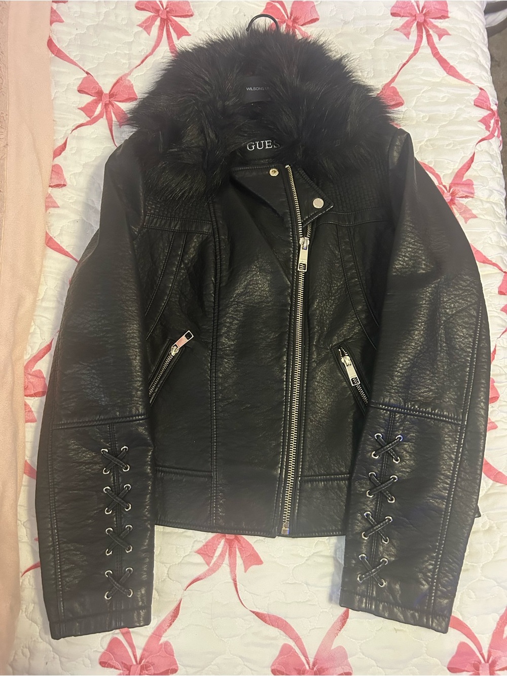 GUESS Black Moto Jacket with Fur Collar